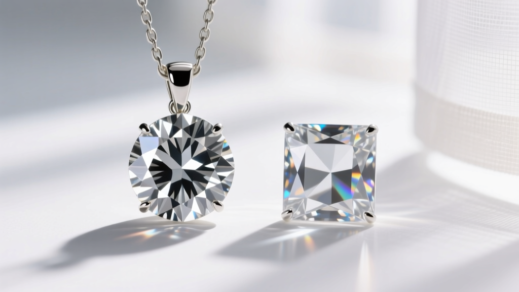 Macro view comparing a real diamond pendant and cubic zirconia, highlighting sharp light return and distinct facet edge reflections