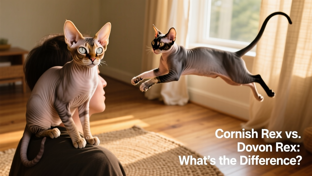 A Devon Rex perched on a person's shoulder and a Cornish Rex leaping mid-air during play, illustrating their contrasting energy styles