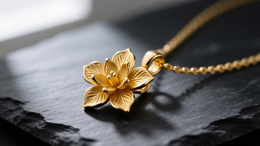 Close-up of an intricate 18k yellow gold clove pendant necklace resting on dark slate, highlighting the botanical bud texture.