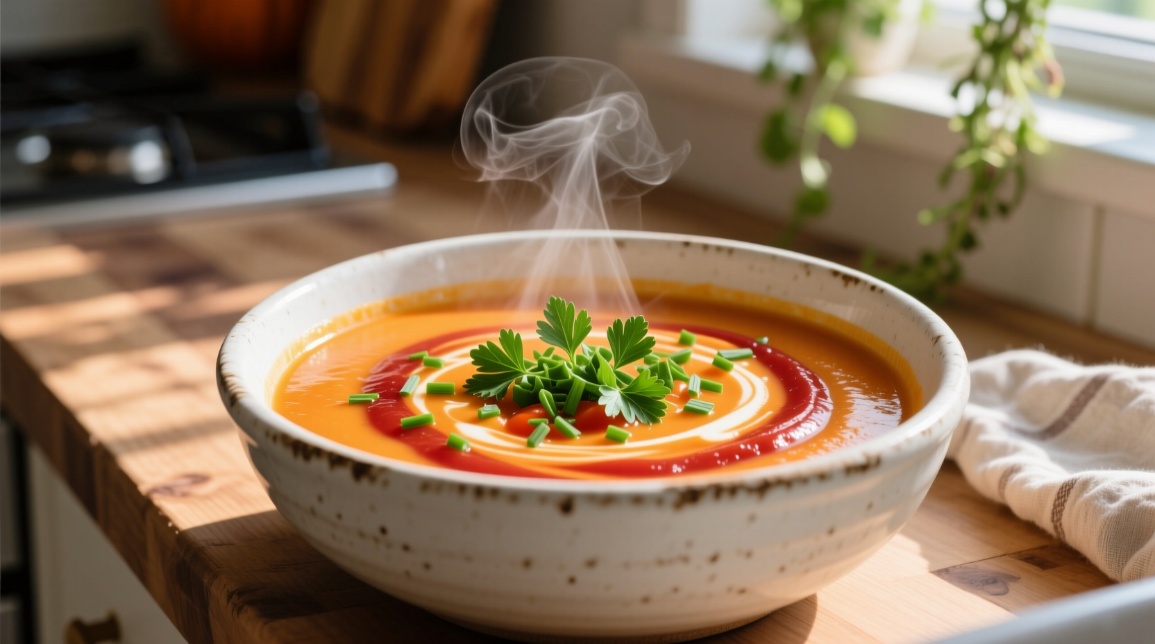 Creamy pumpkin tomato soup in white bowl with fresh herbs