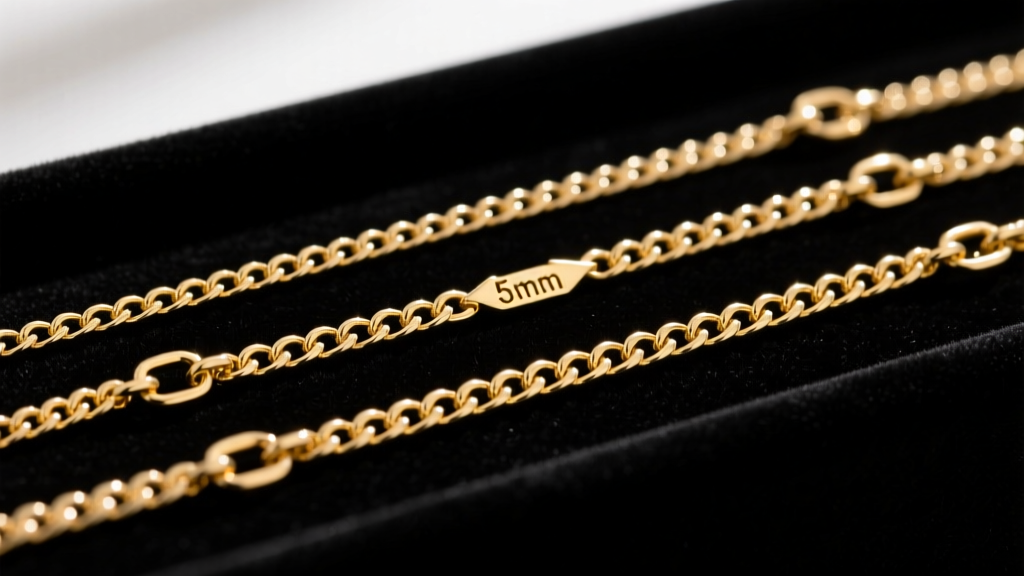 Three gold Byzantine chains laid flat on black velvet showing 3mm, 5mm, and 8mm widths with visible clasp and weight differences