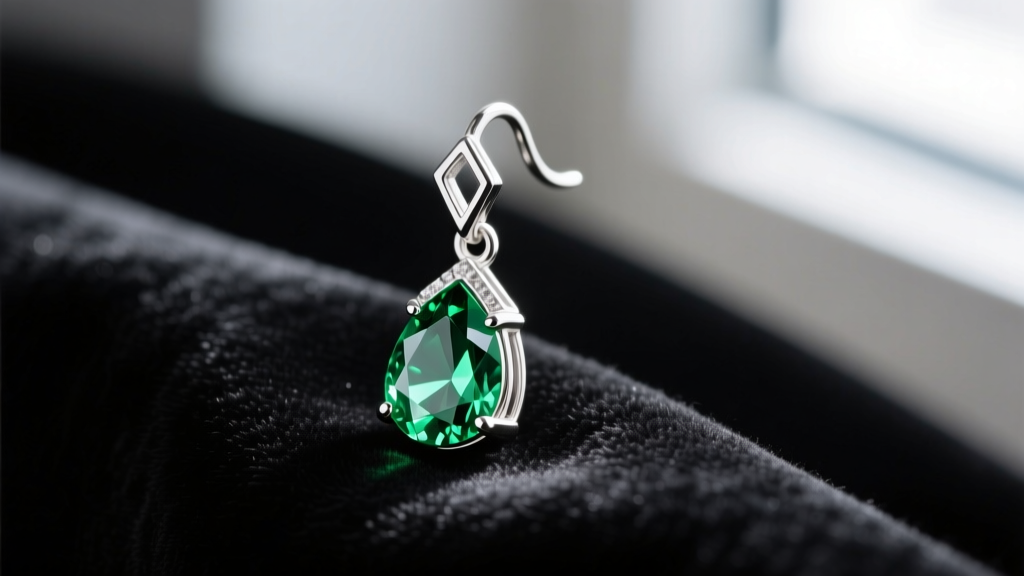 Close-up of a sterling silver hook earring with a faceted green teardrop cubic zirconia gem resting on dark velvet fabric