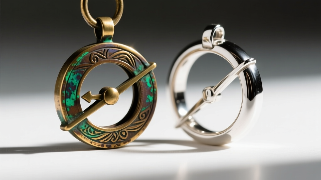 Macro shot of a tarnished brass time turner pendant next to polished sterling silver, showing clear metal oxidation differences.