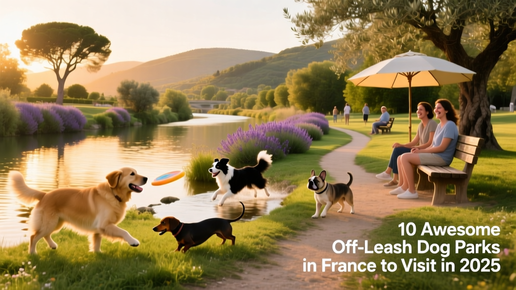 Riverside dog park in southern France with dogs playing near a calm river and lush greenery
