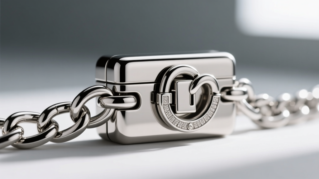 Macro photography showing a secure box clasp with safety figure-eight on a thick rhodium-plated sterling silver curb chain.