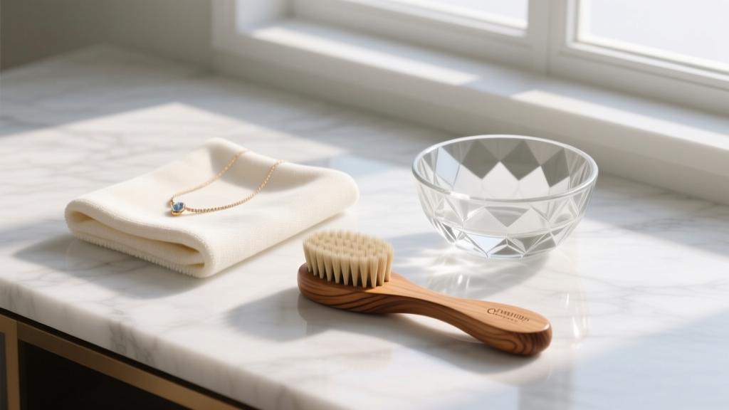 Flat lay of a premium home jewelry cleaning kit including a treated polishing cloth, wooden brush, and glass bowl on marble.
