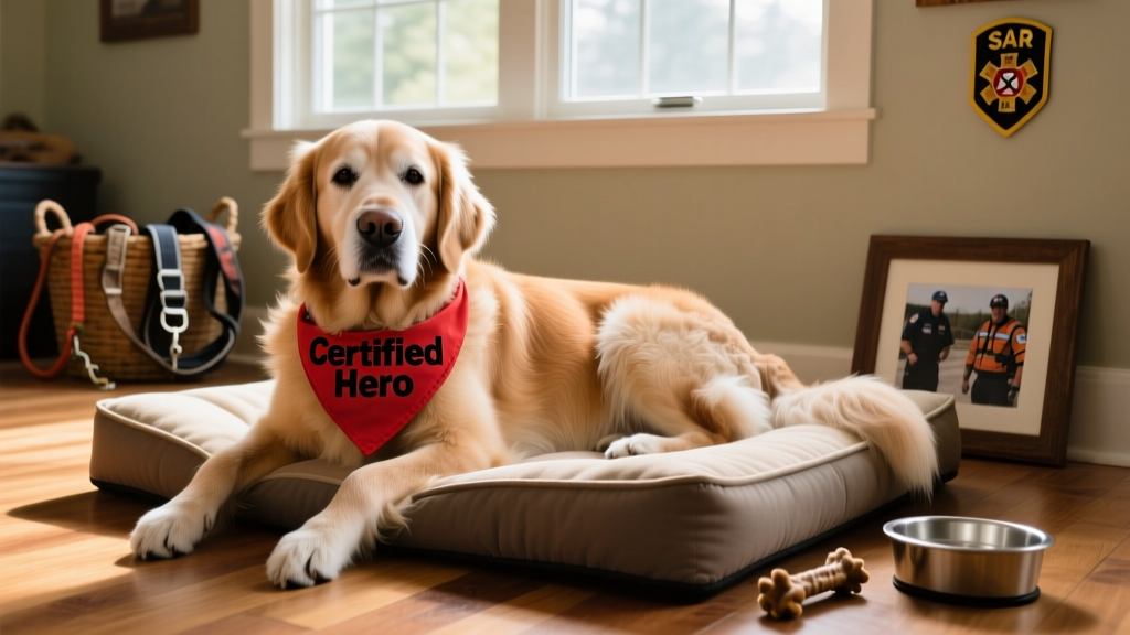 A retired SAR Golden Retriever resting comfortably at home with a 'Certified Hero' bandana and soft orthopedic bed