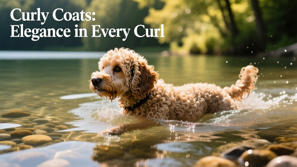 A Portuguese Water Dog swimming gracefully through clear water, showcasing its glossy curly coat