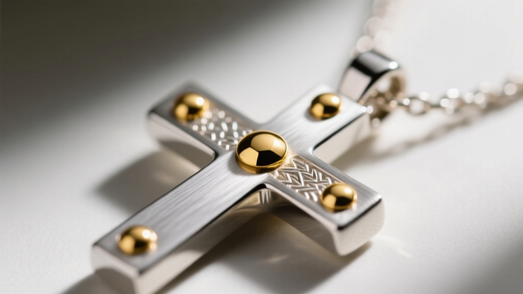 Macro shot of 18k gold dot accents on a brushed sterling silver cross necklace, showing precise metalwork and contrast.