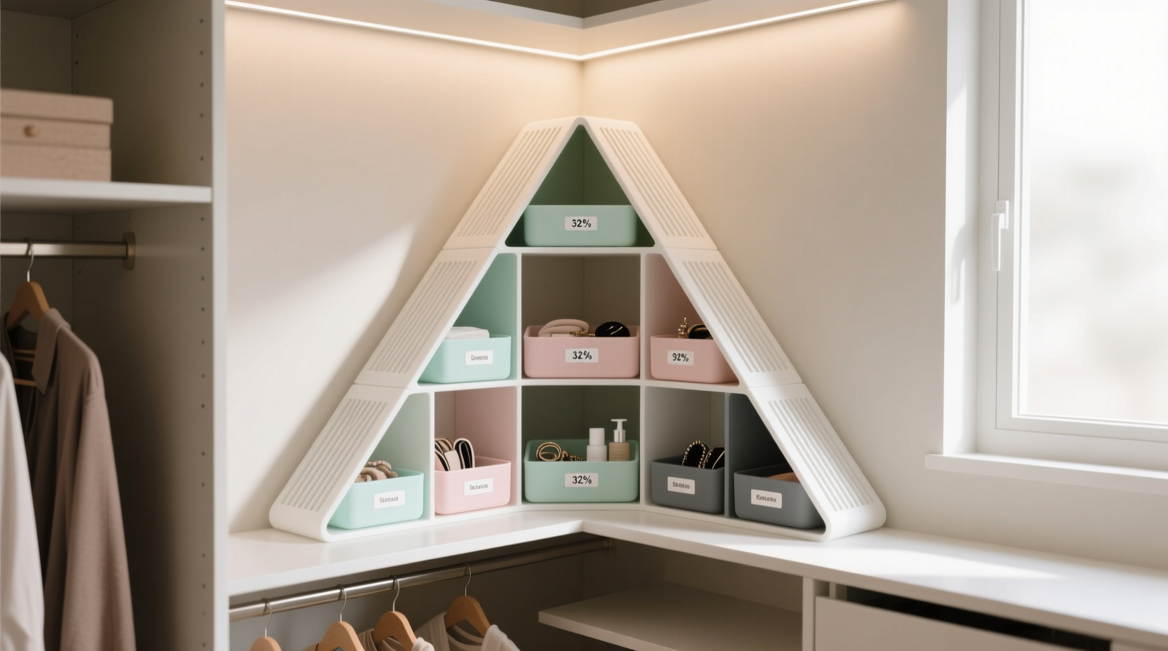 triangular organizers beat corner shelves in awkward closets