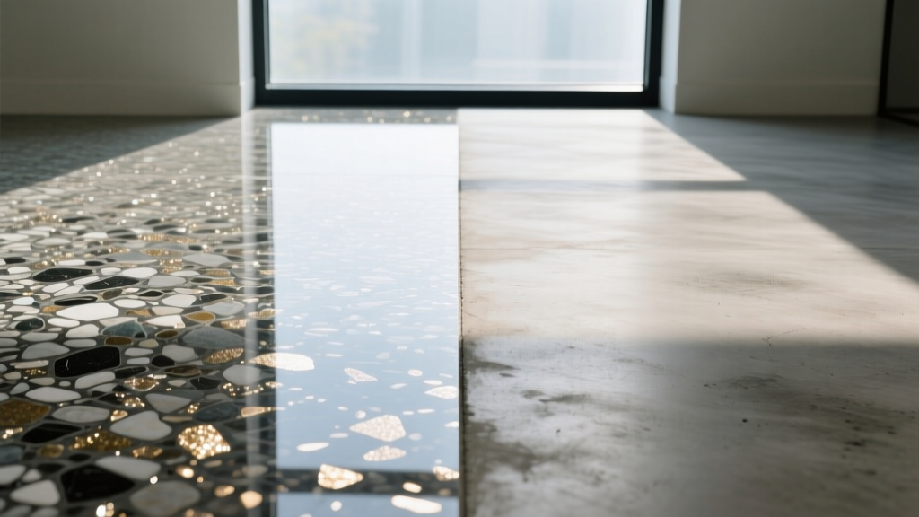 Split view of commercial concrete floor showing high-gloss polished aggregate on left and smooth matte burnished surface on right