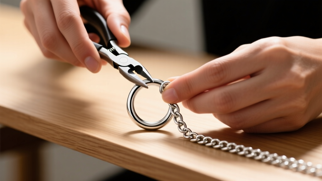 Hands using pliers to open a 20-gauge silver jump ring, linking it to a broken figaro chain on a wooden desk under bright light