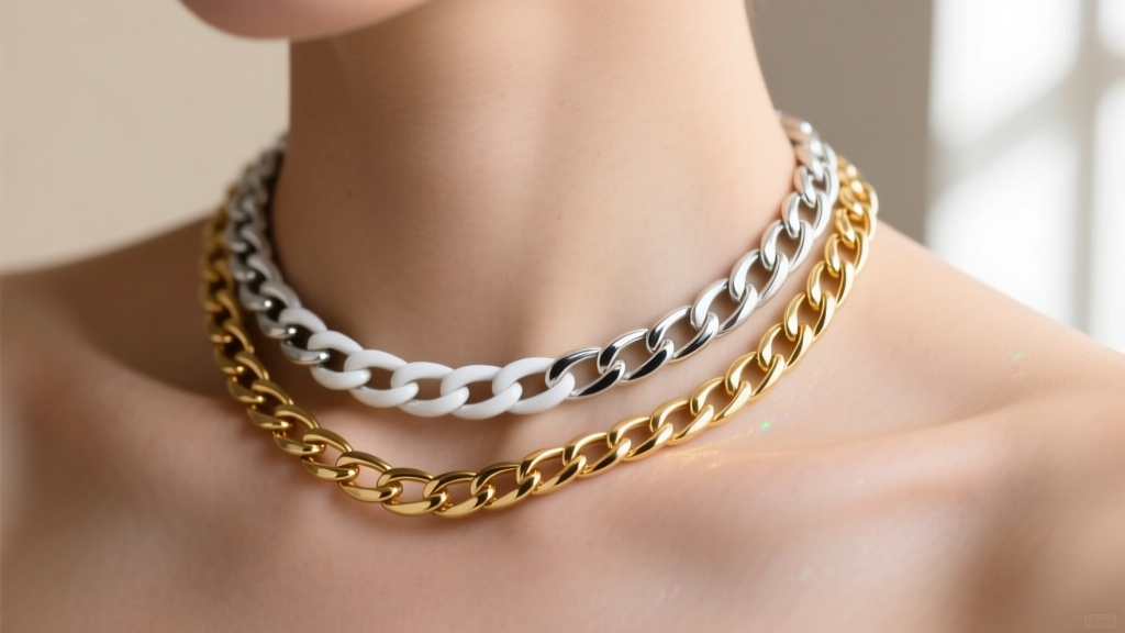Close-up of a 3mm tri color herringbone chain layered with a chunky white gold paperclip chain resting on a woman's collarbone.