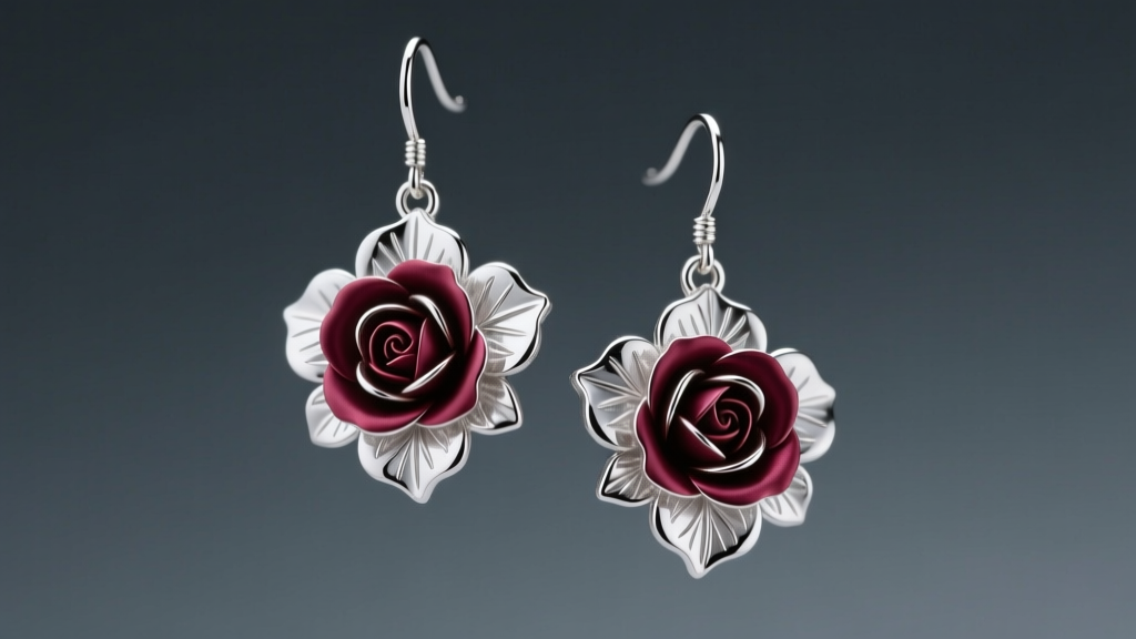 Macro shot of sterling silver floral drop earrings with detailed rose petals on dark slate under soft directional studio lighting.