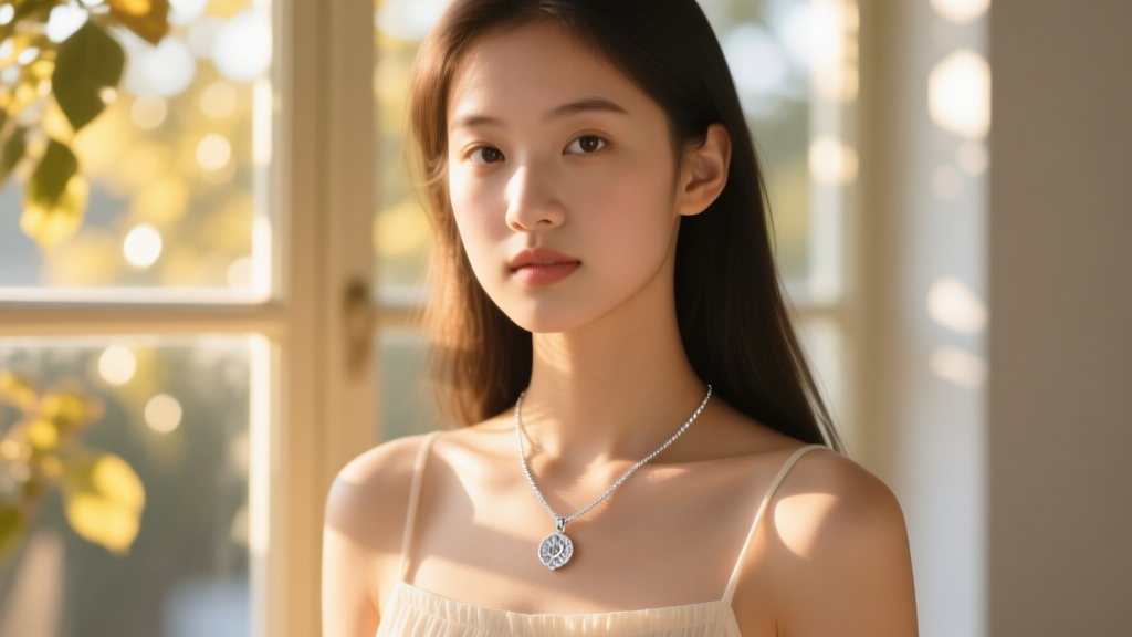 Young girl wearing a delicate 14-inch sterling silver pendant necklace, captured in natural sunlight with shallow depth of field.