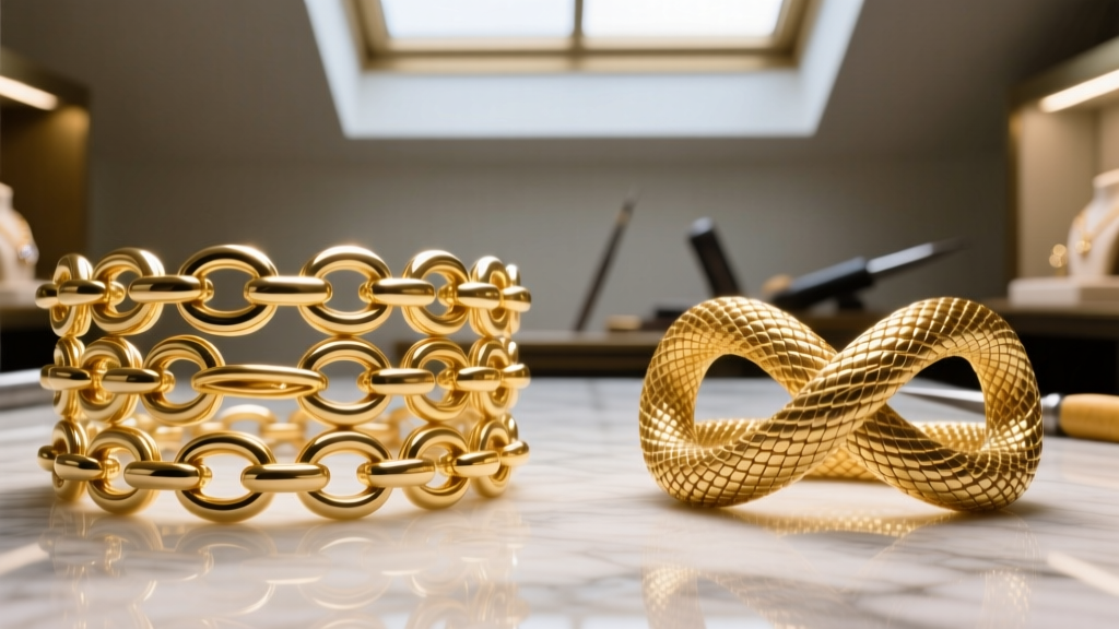 Side-by-side macro of Milanese and Cobra gold mesh weaves under a jeweler
