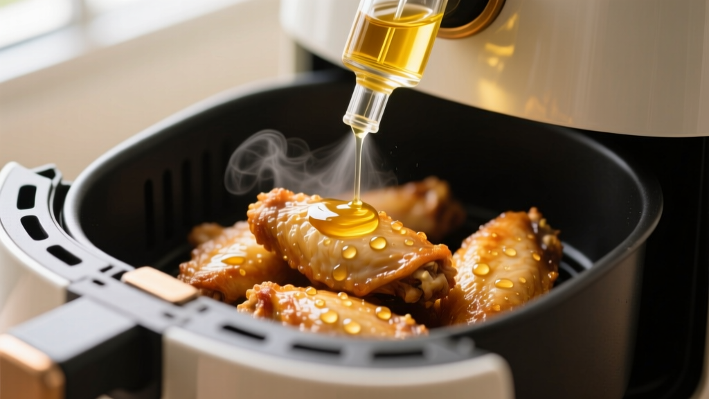 Close-up of a precision glass oil mister spraying a fine mist of avocado oil over chicken wings inside a ceramic-coated air fryer basket