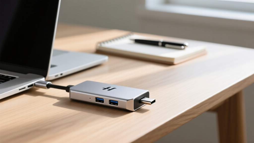 Close-up of a sleek aluminum USB-C hub connected to a silver laptop on a minimalist wooden desk, highlighting budget-friendly tech.