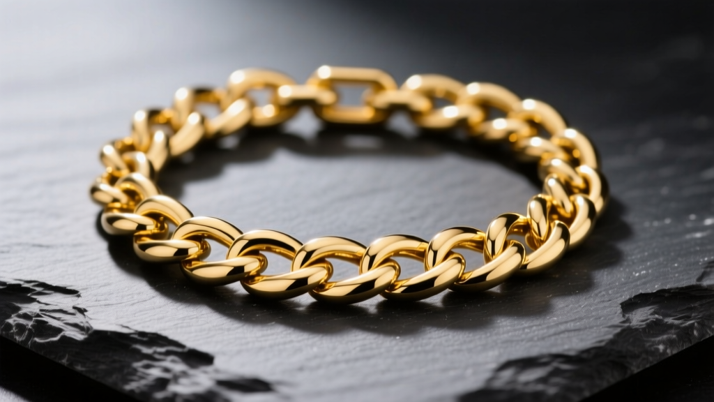 Macro shot of a 12mm 14-karat yellow gold Miami Cuban link chain resting on dark charcoal slate highlighting the interlocking links