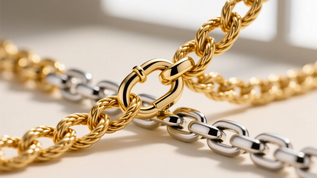 Macro shot of 14k gold rope and silver box chains crossing, highlighting interlocking links and a secure lobster clasp mechanism.