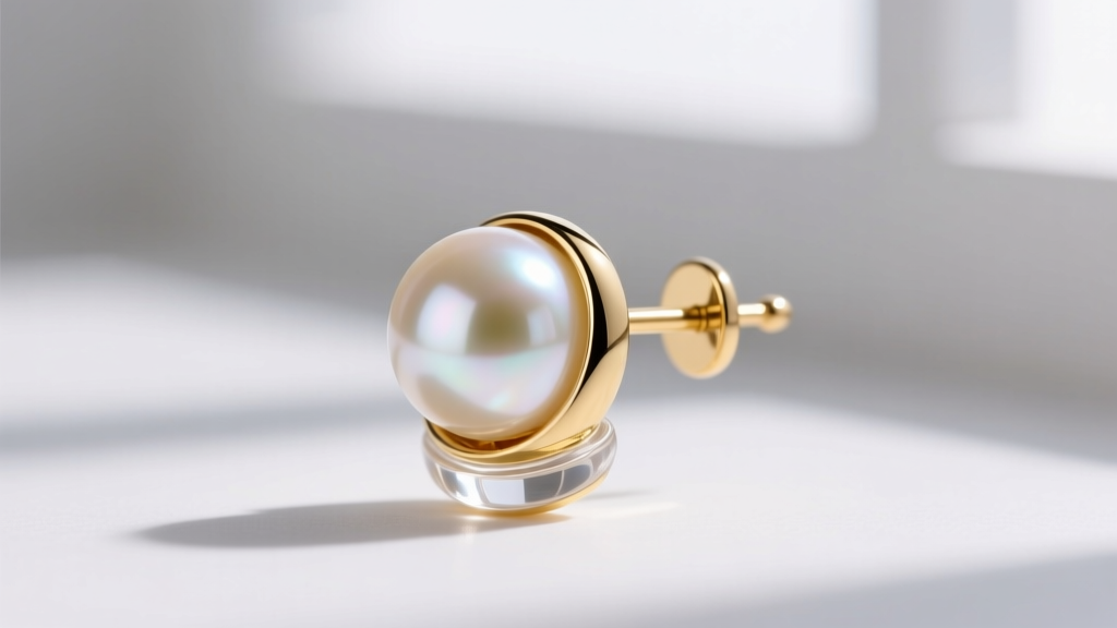 Side profile of a pearl cup-and-post setting with clear epoxy visible, attached to a sturdy 18-gauge solid gold earring post.
