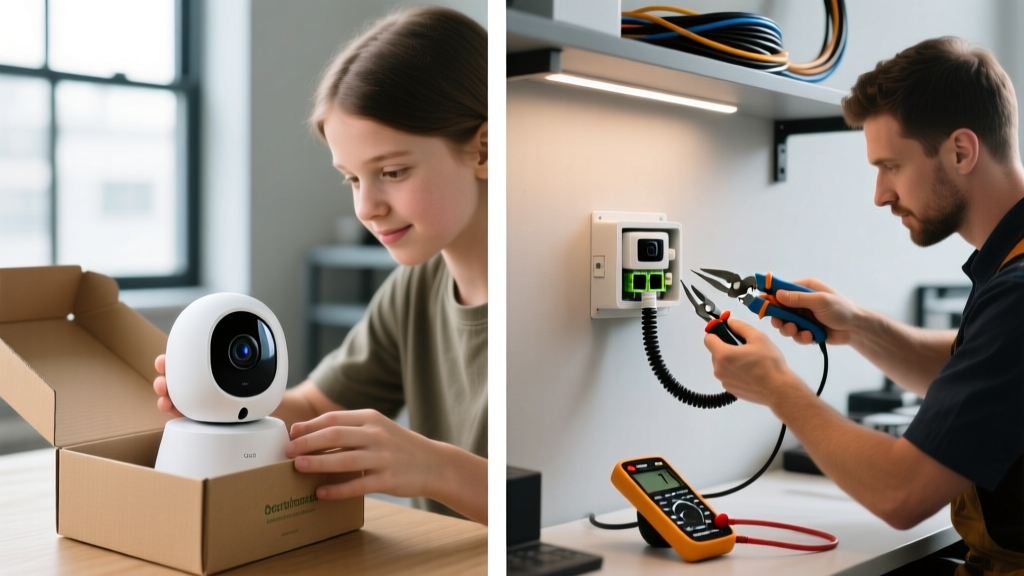 A split-screen workspace showing a beginner unpacking a smart pet camera while an expert uses a multimeter and wire strippers to hardwire a PoE pet monitoring system.