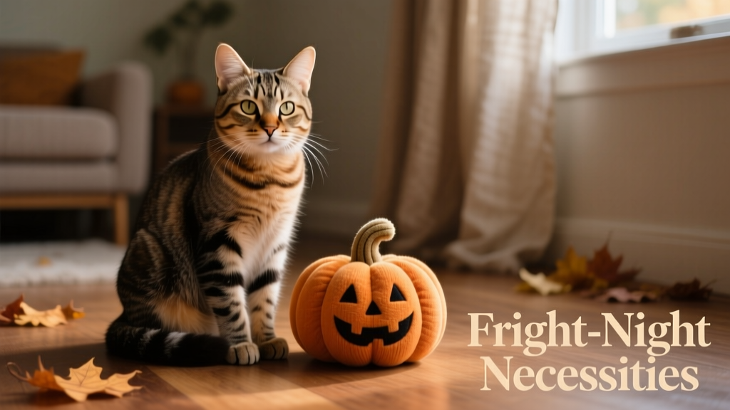 A cat sitting calmly beside a small, soft pumpkin decoration with a gentle expression—no costume, just relaxed and safe