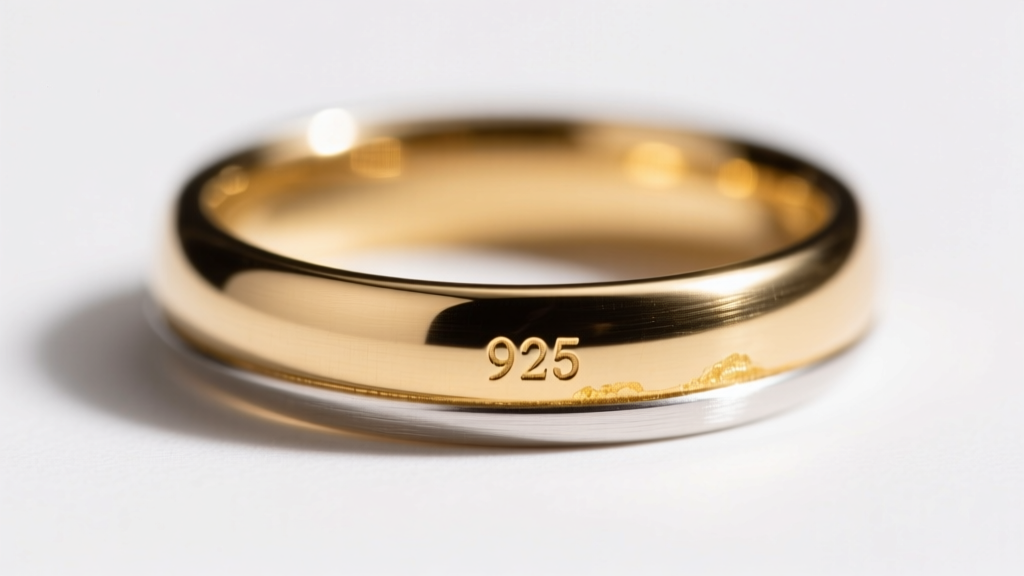 Macro shot of a gold vermeil ring shank showing a tiny 925 hallmark next to faded gold plating, bright studio lighting.