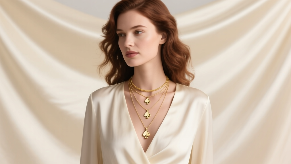 Elegant woman wearing layered gold Kate Spade necklaces with a spade pendant against a cream silk blouse in soft natural light