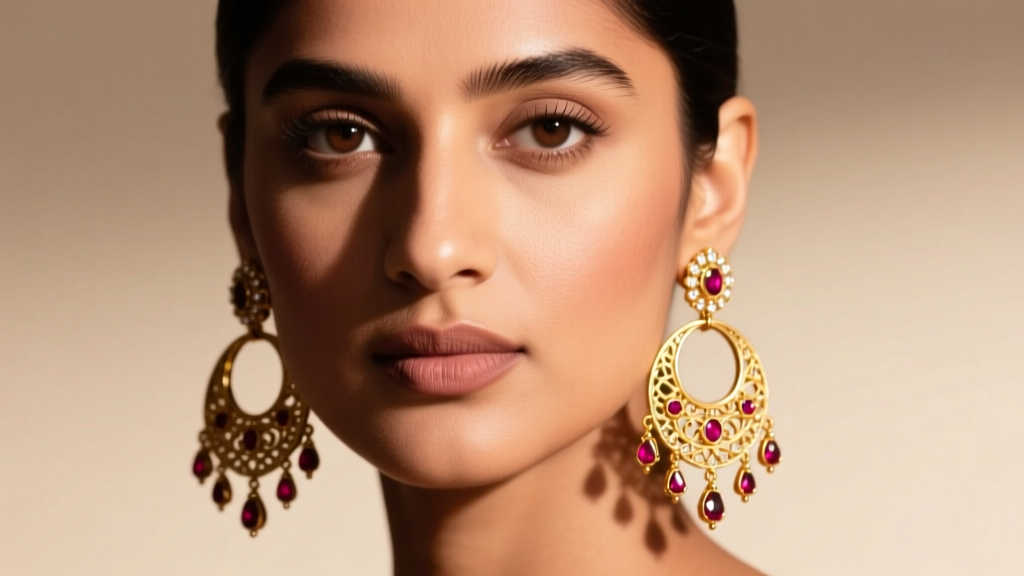 Close-up of a model wearing intricate 22k gold Indian hoop earrings with Jhumka drops and ruby accents, warm studio lighting.