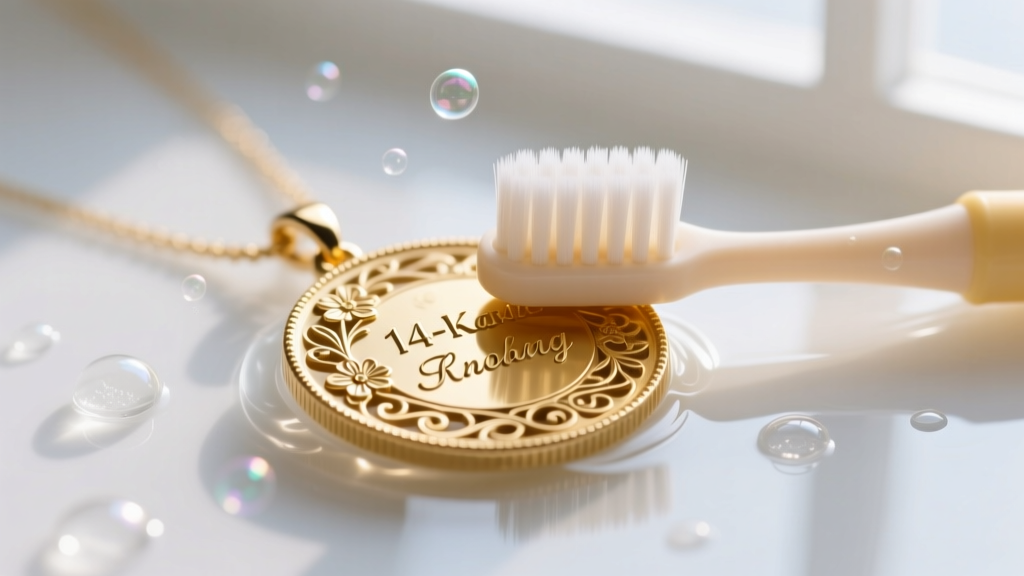 Soft baby toothbrush gently cleaning the intricate edges of a 14k gold coin pendant submerged in soapy distilled water