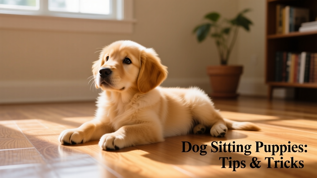 A golden retriever puppy lying on a hardwood floor, looking curiously to the side