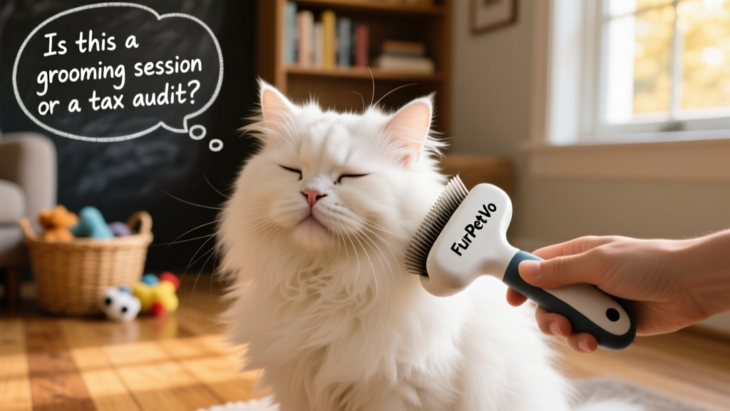 Close-up of a fluffy cat being gently brushed with a FurPetVo deshedding tool