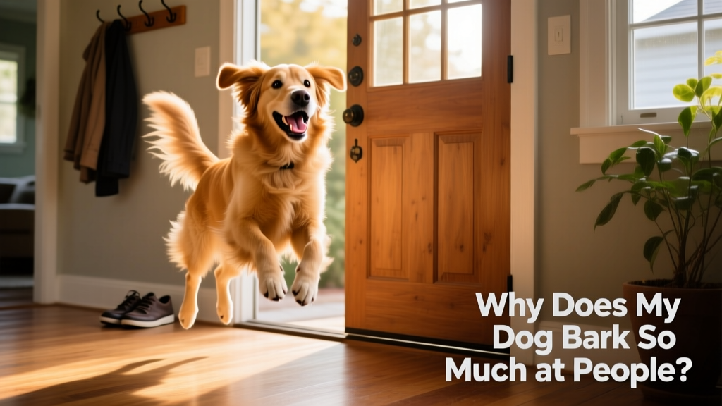 A happy, energetic dog leaping up to greet a visitor at the front door