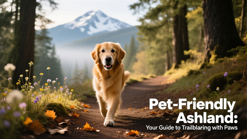 A dog walking confidently along a forested trail with mountain views in the background