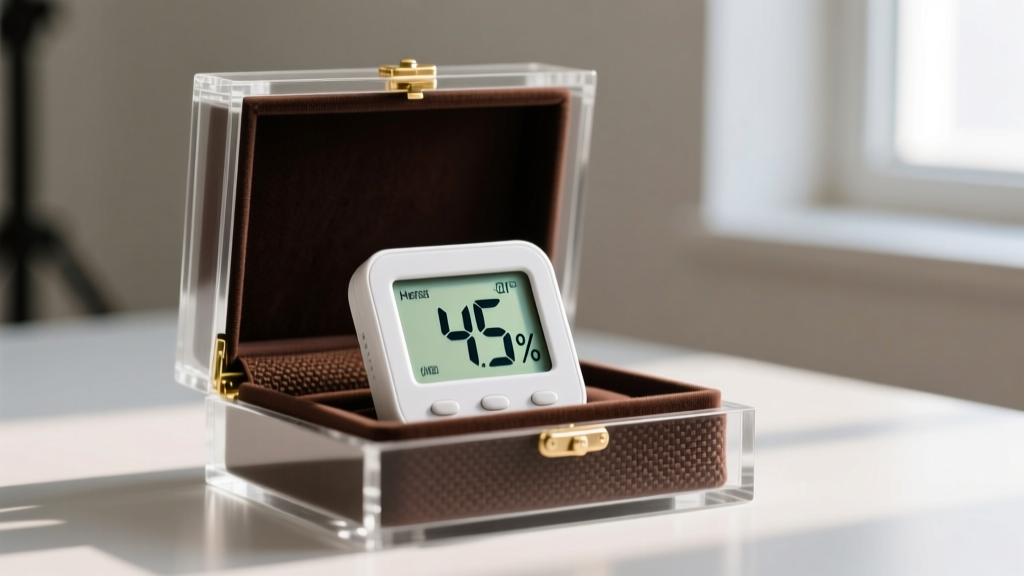 Digital hygrometer showing 45 percent humidity inside an acrylic jewelry box lined with dark brown anti-tarnish fabric.