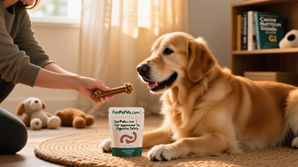 Dog owner carefully offering a safe, vet-approved chew toy from FurPetVo.com while supervising playtime
