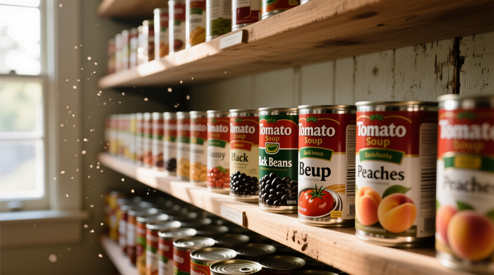 Properly stored canned goods in pantry with labels visible