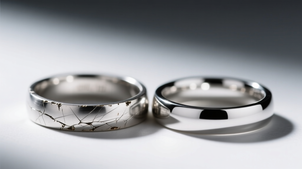 Close-up of a scratched platinum band beside a polished one, showing metal displacement and refinishing results under bright light