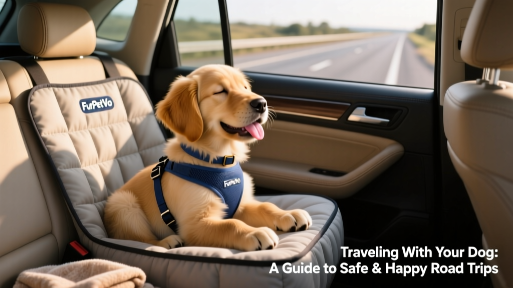 Happy dog resting on a car seat covered with a durable, padded FurPetVo seat protector, wearing a lightweight harness and looking relaxed