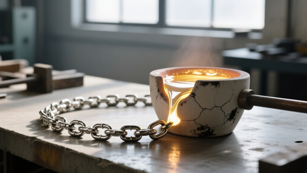 Workbench showing a raw palladium chain beside a crucible, illustrating the metal's complex, oxygen-free casting process.