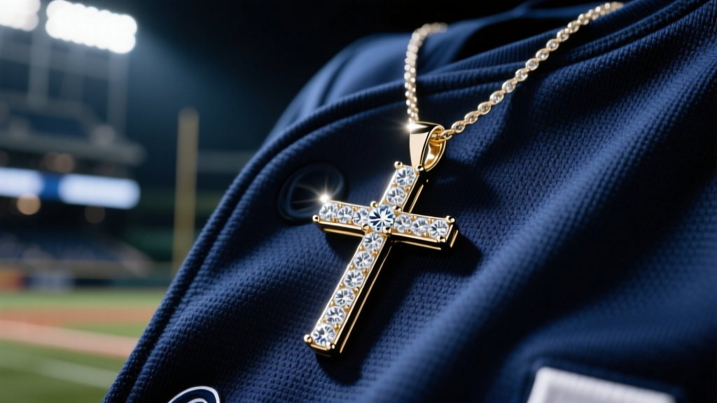 Shining 18k white gold diamond cross pendant with VVS1 stones resting against a navy blue baseball jersey under stadium lights