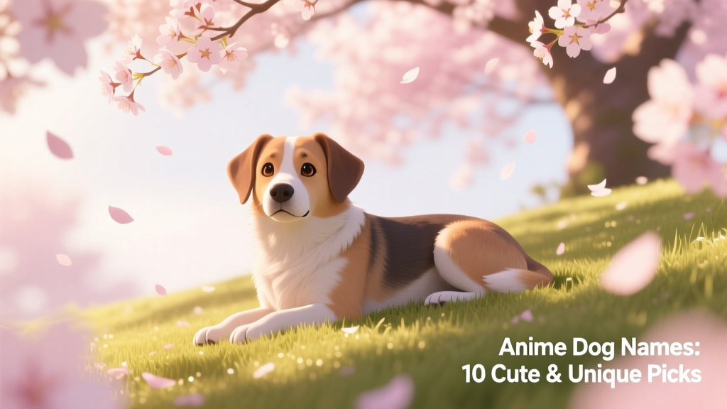 A serene dog resting among cherry blossoms, with soft anime-style bokeh and floating sakura petals