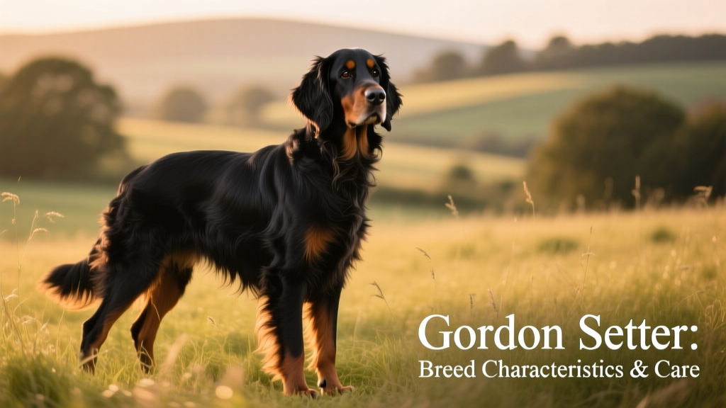 A Gordon setter standing alert in a grassy field, showcasing its glossy black-and-tan coat and proud posture