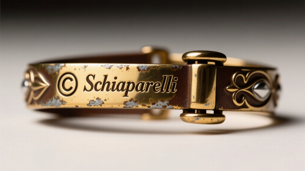 Extreme close-up of a vintage jewelry clasp showing a stamped copyright symbol and the word Schiaparelli in a serif font