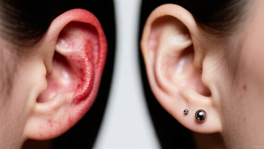 Close-up of an irritated red earlobe next to a healthy ear wearing a polished titanium labret stud, soft clinical lighting.