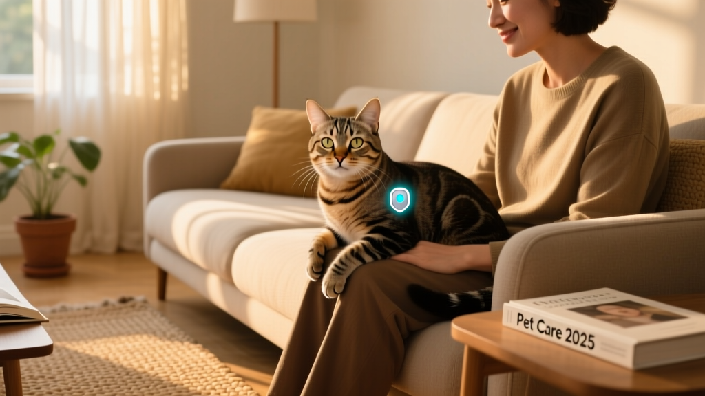 Happy cat sitting beside its owner, with a subtle visual indicator showing microchip icon near shoulder