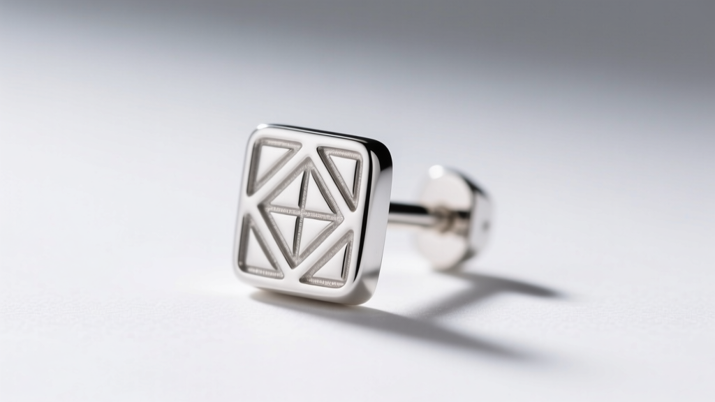 Macro photograph of a sterling silver earring post stamped with '925 ITALY', soft studio lighting against dark velvet background.