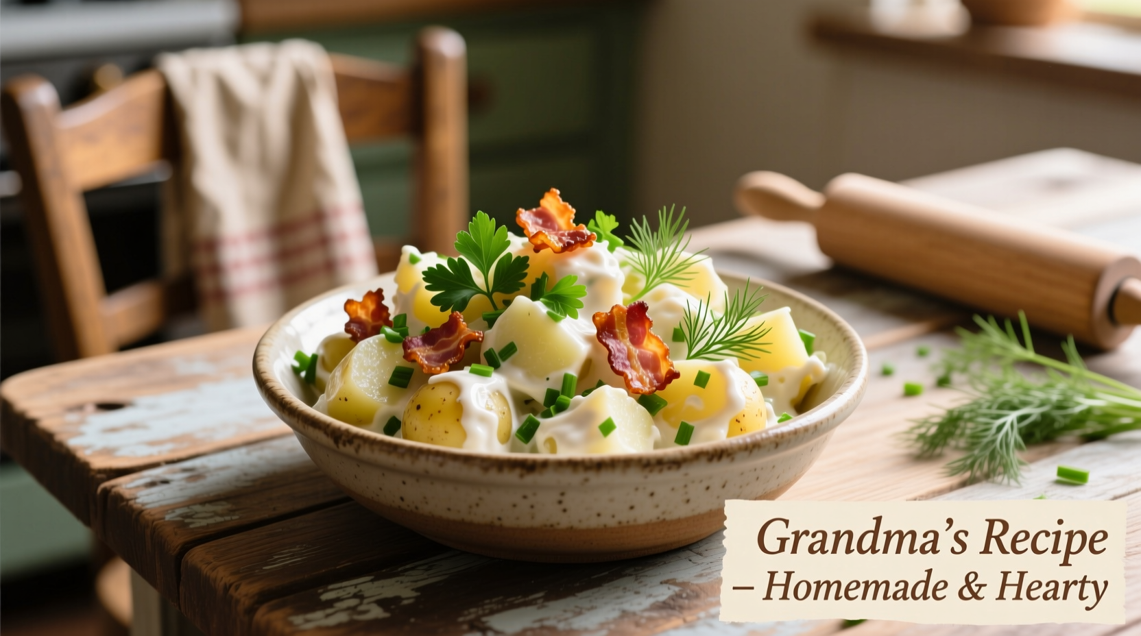 Homemade potato salad with crispy bacon and fresh herbs