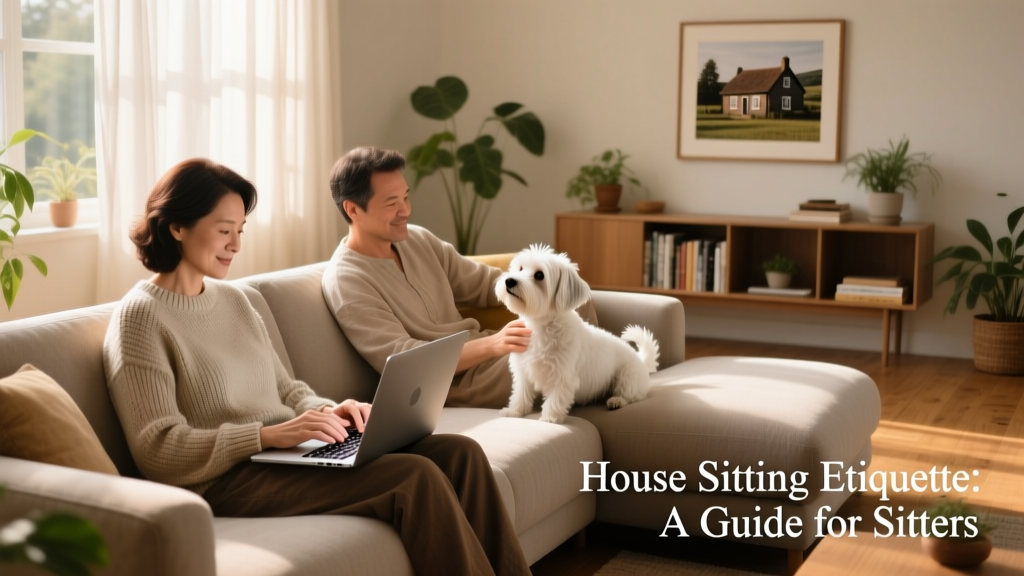Two people relaxing on a sofa—one working on a laptop, the other gently stroking a small dog